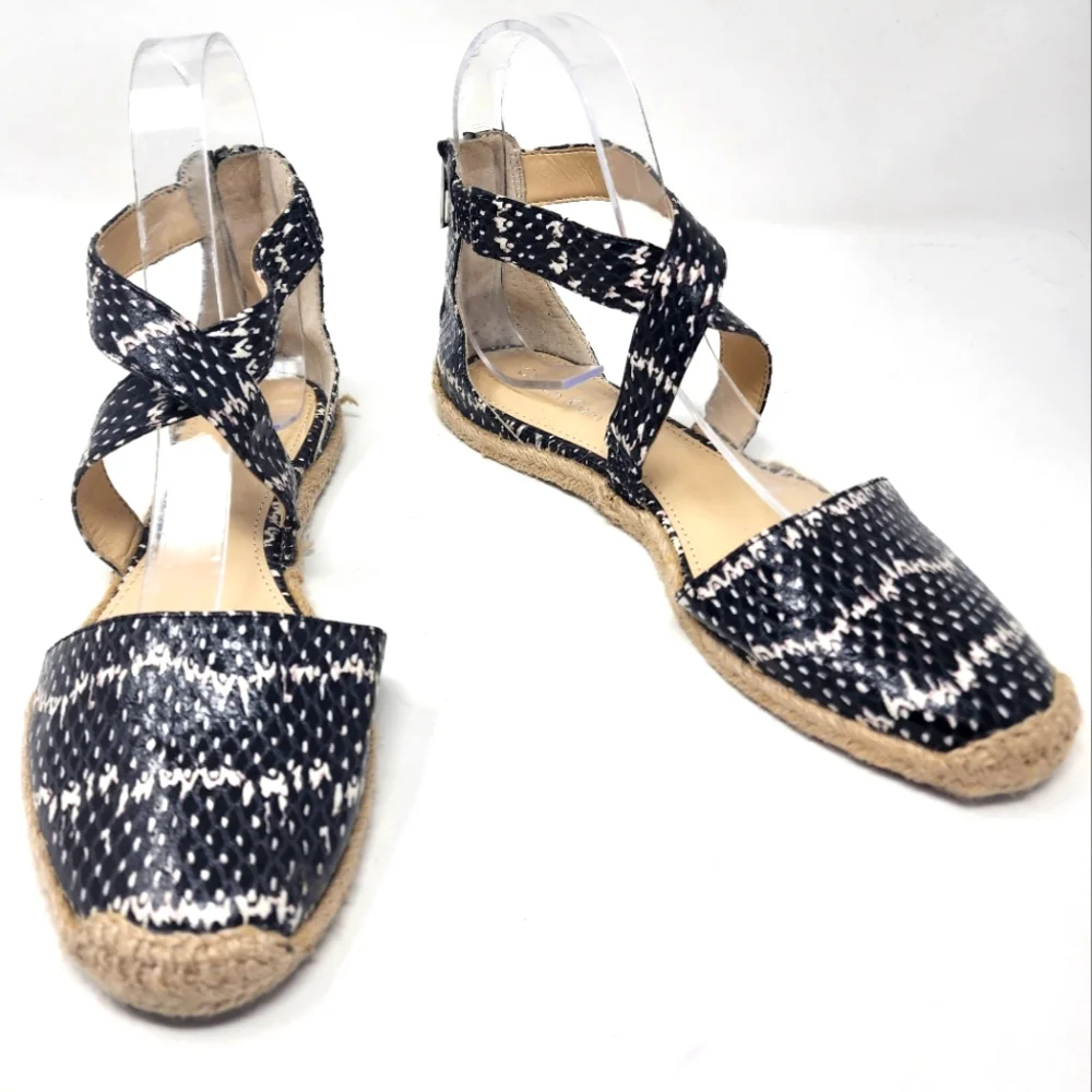Calvin Klien SAM black ivory printed ankle strap flat Espadrille 6